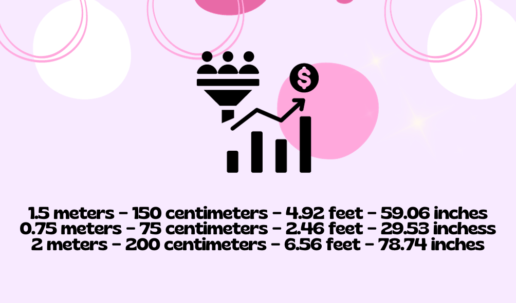 A visual guide showing conversions between meters, centimeters, feet, and inches. Examples include 1 meter, 150 centimeters, 4.92 feet, and 59.06 inches, providing an easy reference for universal understanding.