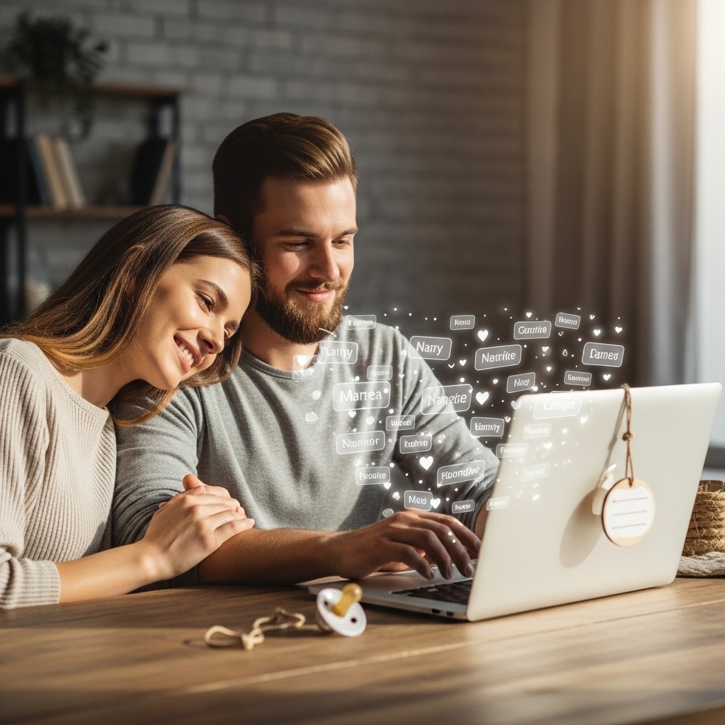 Couple using a baby name generator to combine their names for baby name ideas on a laptop at home