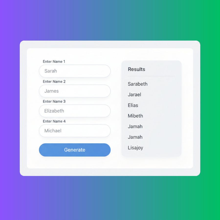 4 name combiner tool interface showing four name input fields and generated blended name results
