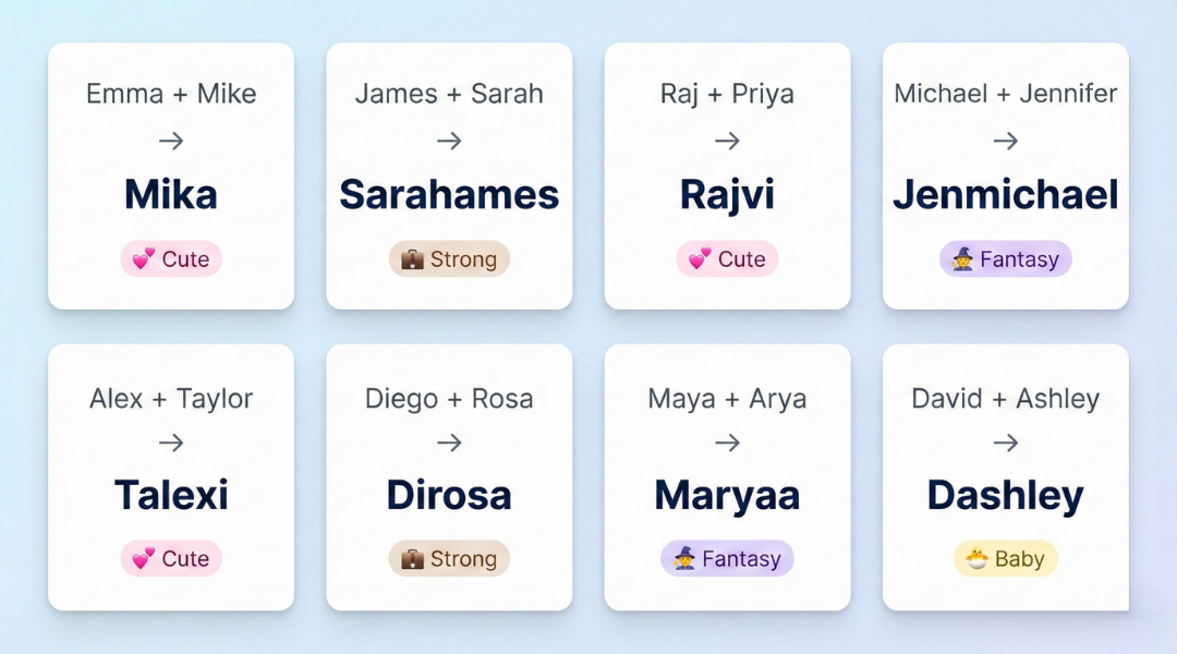 8 couple name blends with style labels: Emma+Mike=Mika, James+Sarah=Sarahames, Raj+Priya=Rajvi, Michael+Jennifer=Jenmichael, Alex+Taylor=Talexi, Diego+Rosa=Dirosa, Maya+Arya=Maryaa, David+Ashley=Dashley