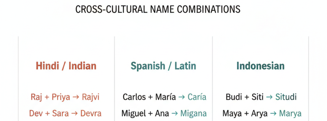 Cultural couple name combination examples showing Hindi names like Rajvi, Spanish names like Caría, and Indonesian names like Situdi demonstrating global name blending traditions 