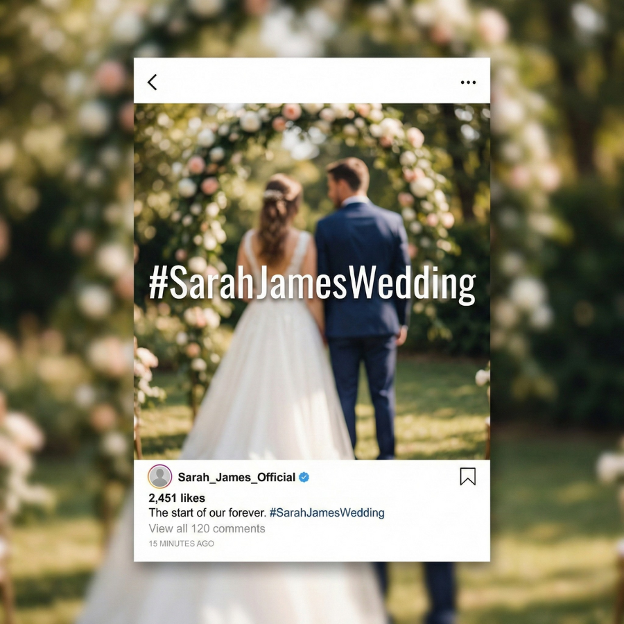 Wedding couple hashtag Instagram example showing how to use a couple name combination like SarahamesWedding for wedding announcements and guest photo tagging 
